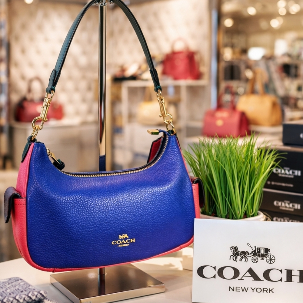 COACH #C6816 HAND BAG PENNIE PINK‎ BLUE COLORBLOCK MINI PURSE EUC